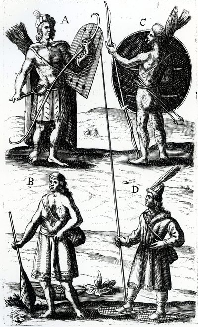 Illustrations of Algonquin dress, engraving from Voyages of Sieur de Champlain by Samuel de Champlain by Samuel de Champlain